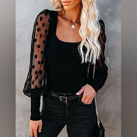 SHEIN Black Top with Sheer Polka Dot Sleeves PTP 16” - Picture 1 of 5